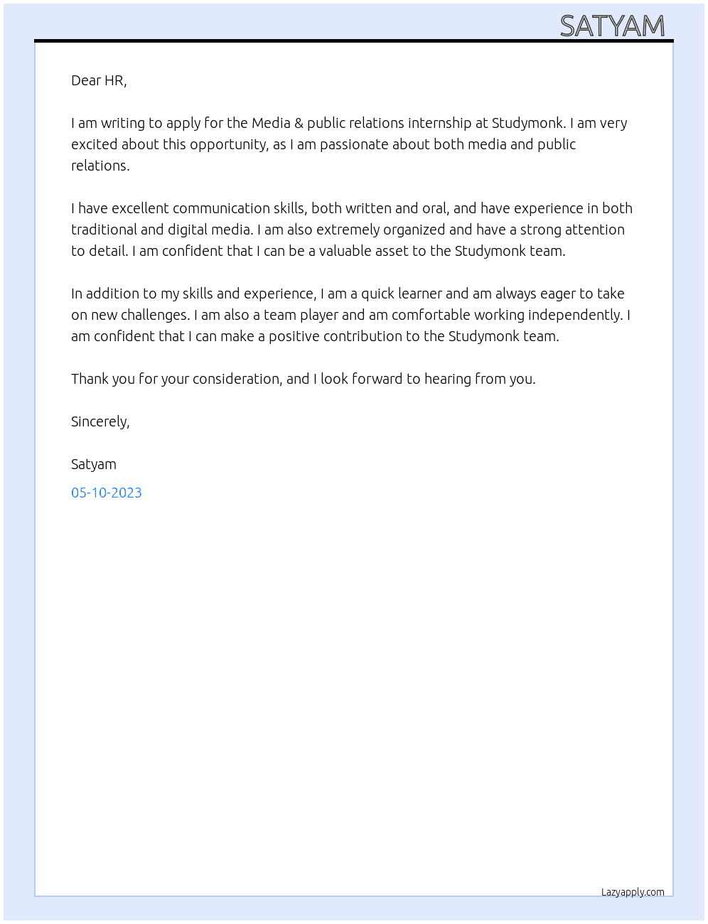 Media & public relation internship At studymonk Cover Letter
