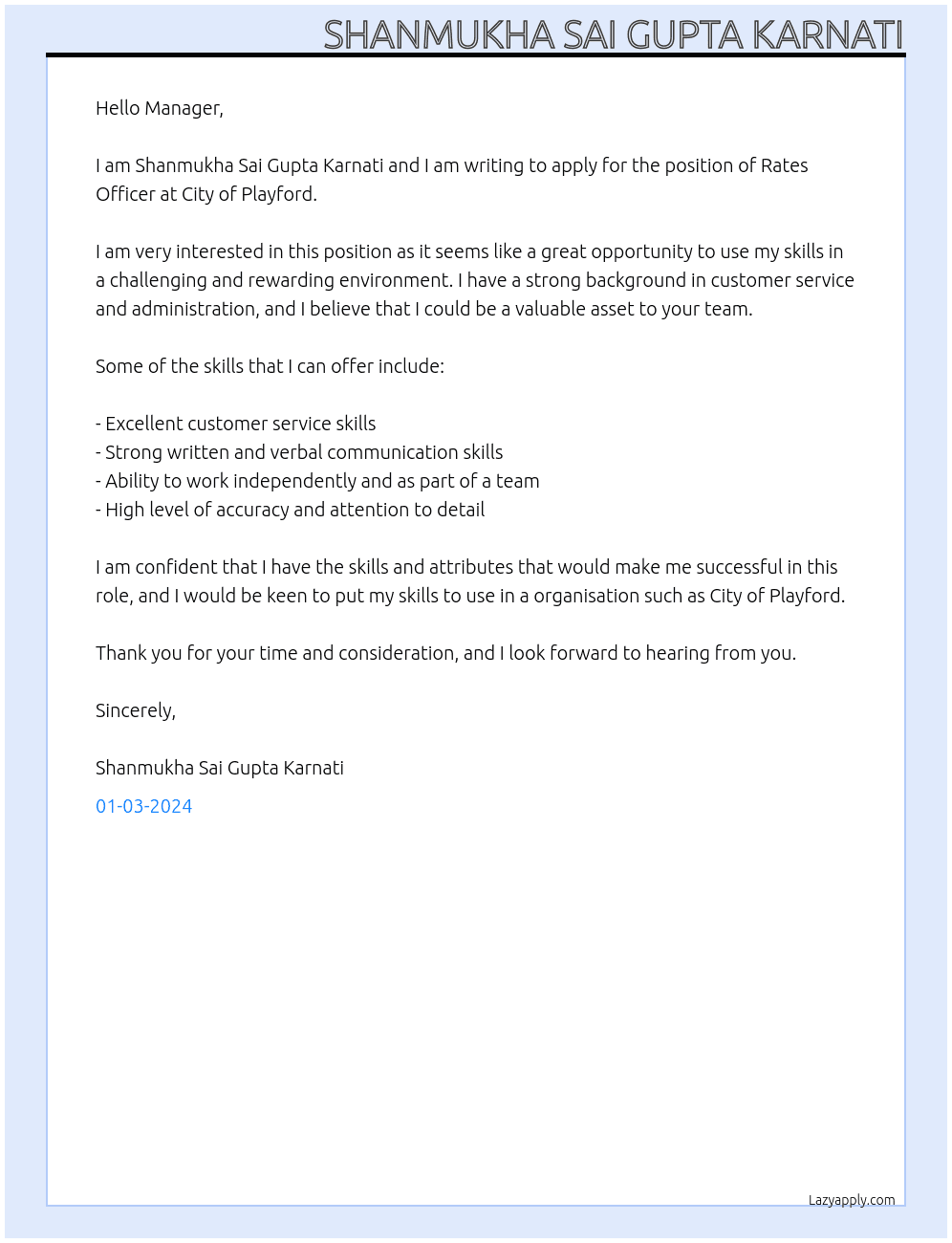 Rates Officer At City of Playford Cover Letter