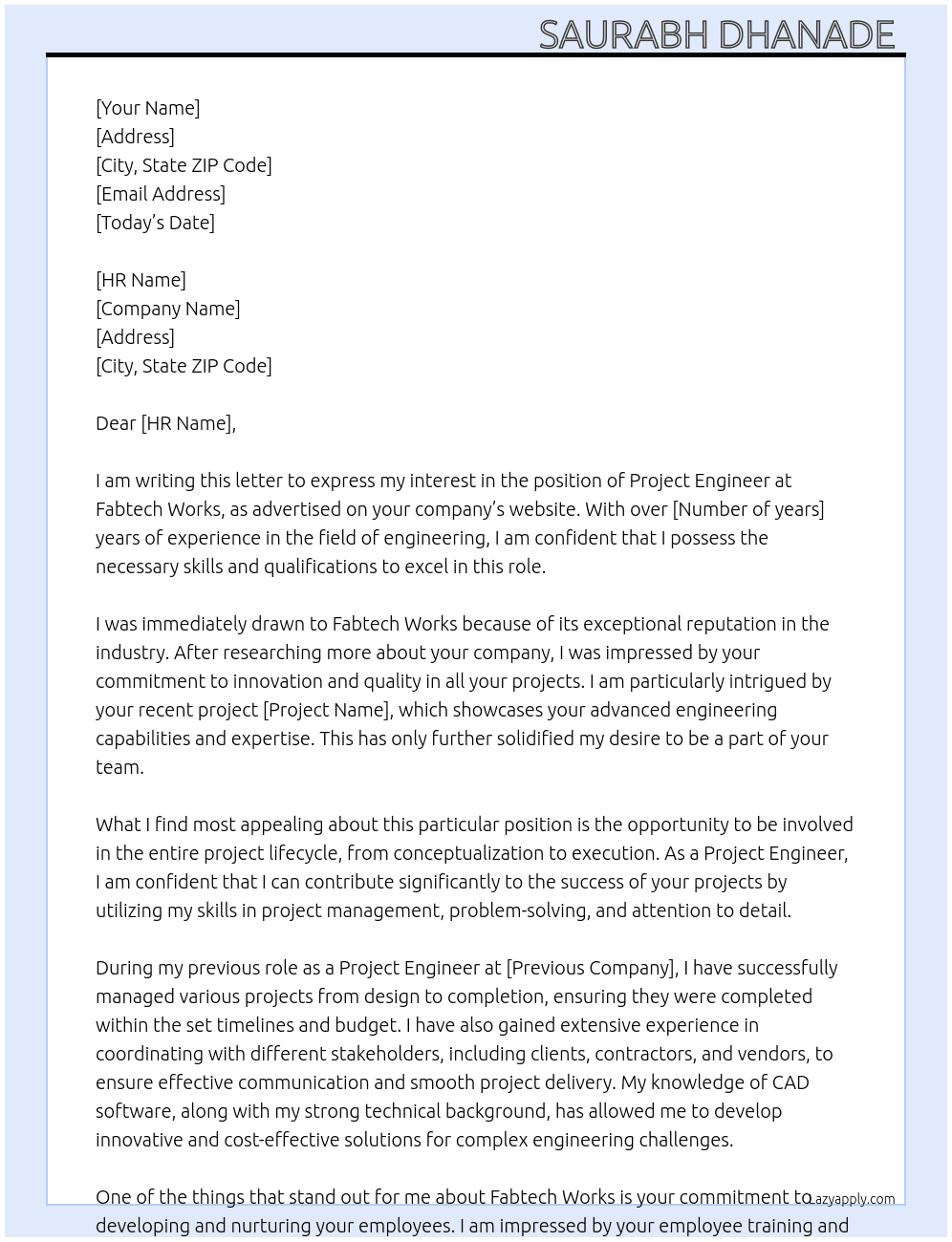 Project Engineer  At Fabtech works  Cover Letter