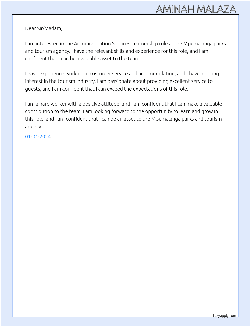Accommodation Services  At Mpumalanga parks and tourism agency  Cover Letter