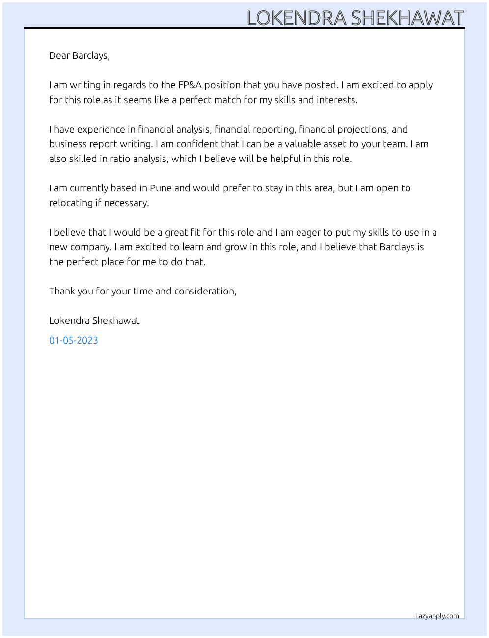 FP&A At Barclays Cover Letter