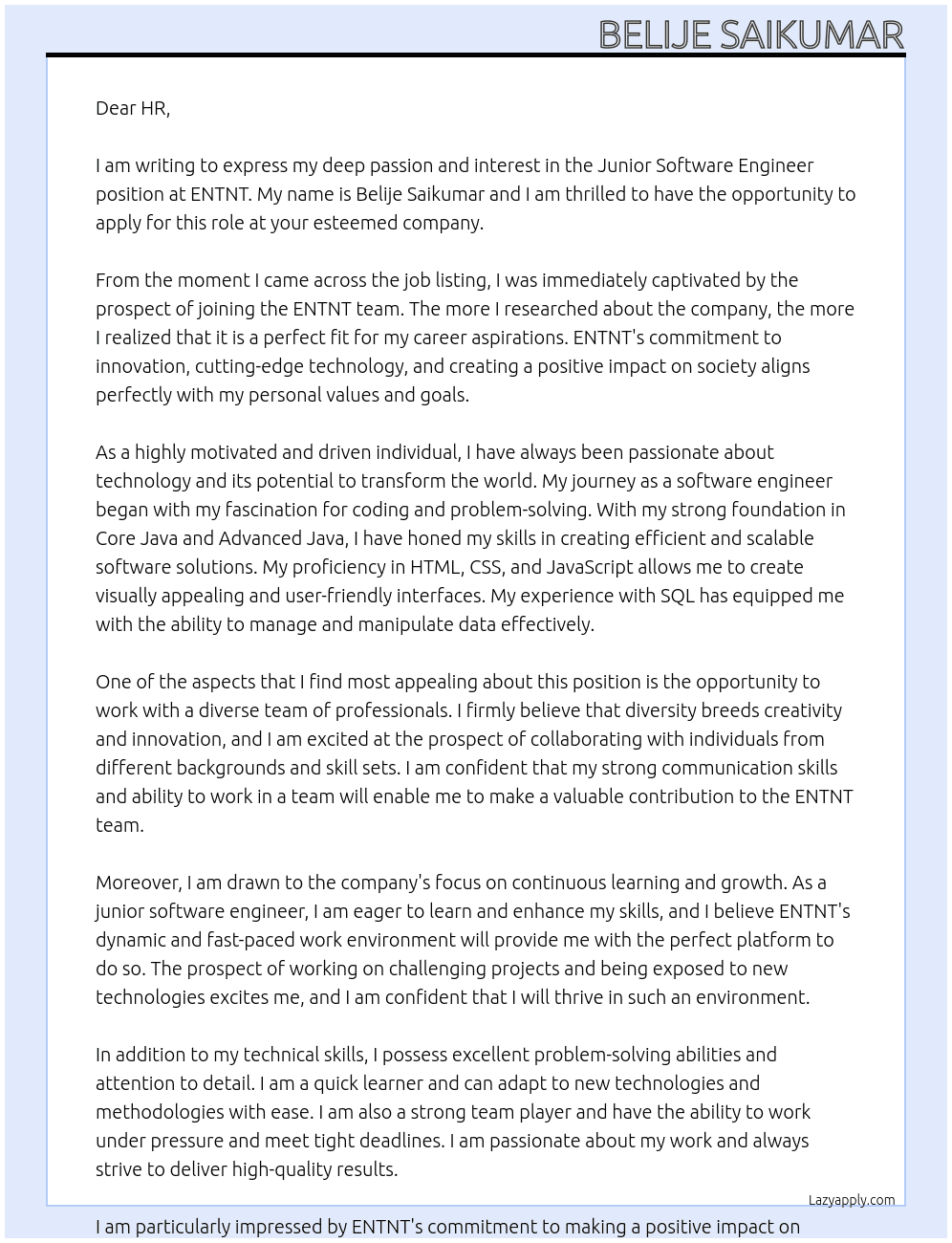 junior software Engineer At ENTNT Cover Letter
