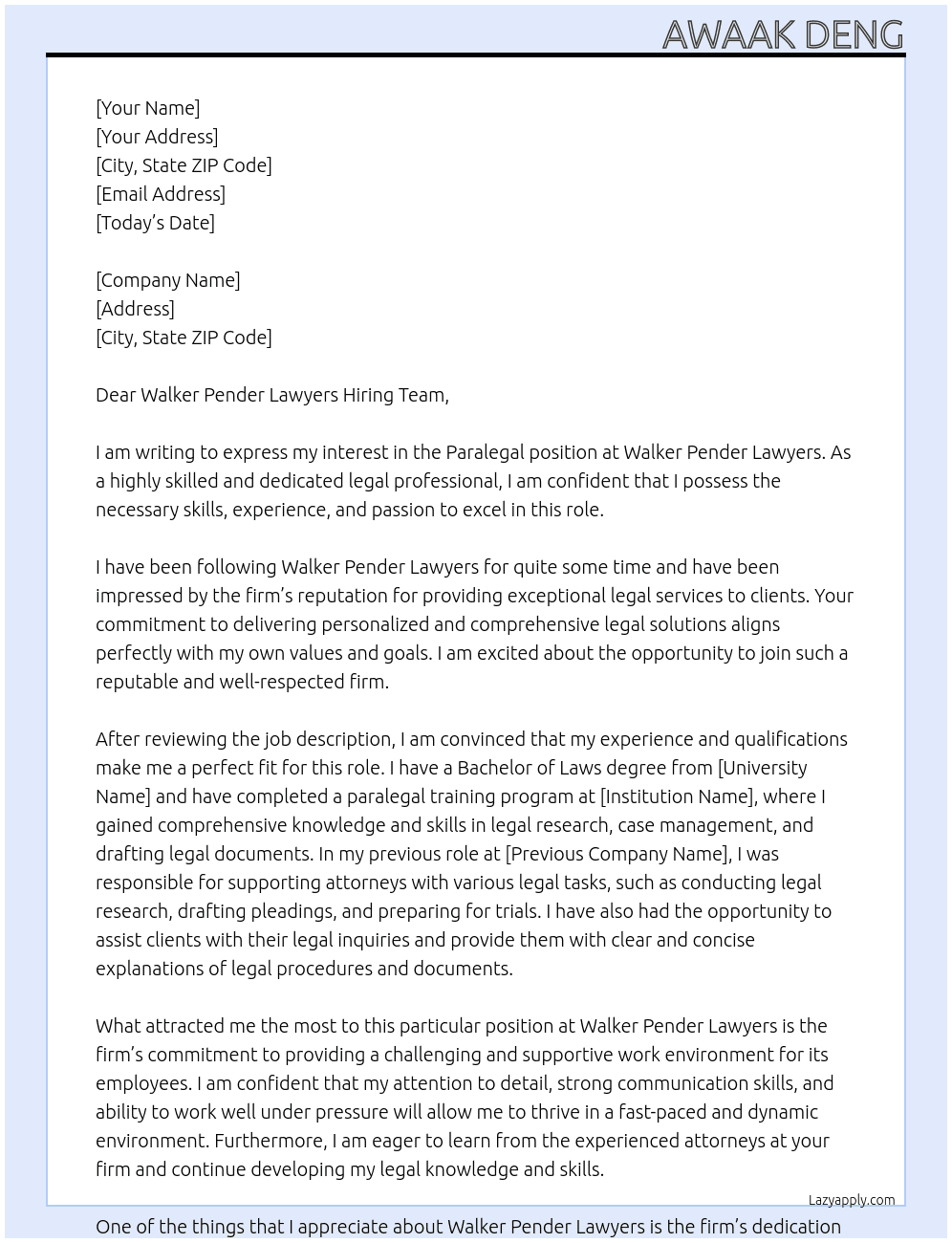 paralegal At Walker Pender Lawyers Cover Letter