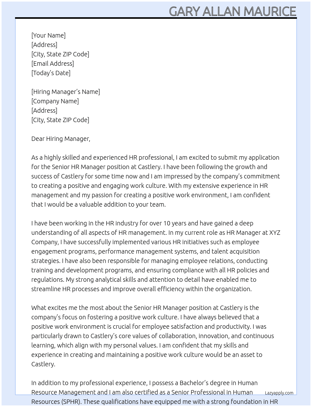 Senior HR Manager At Castlery Cover Letter