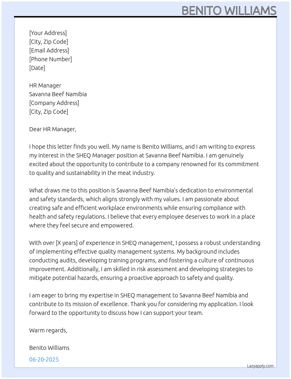 sheq manager At savanna beef namibia Cover Letter