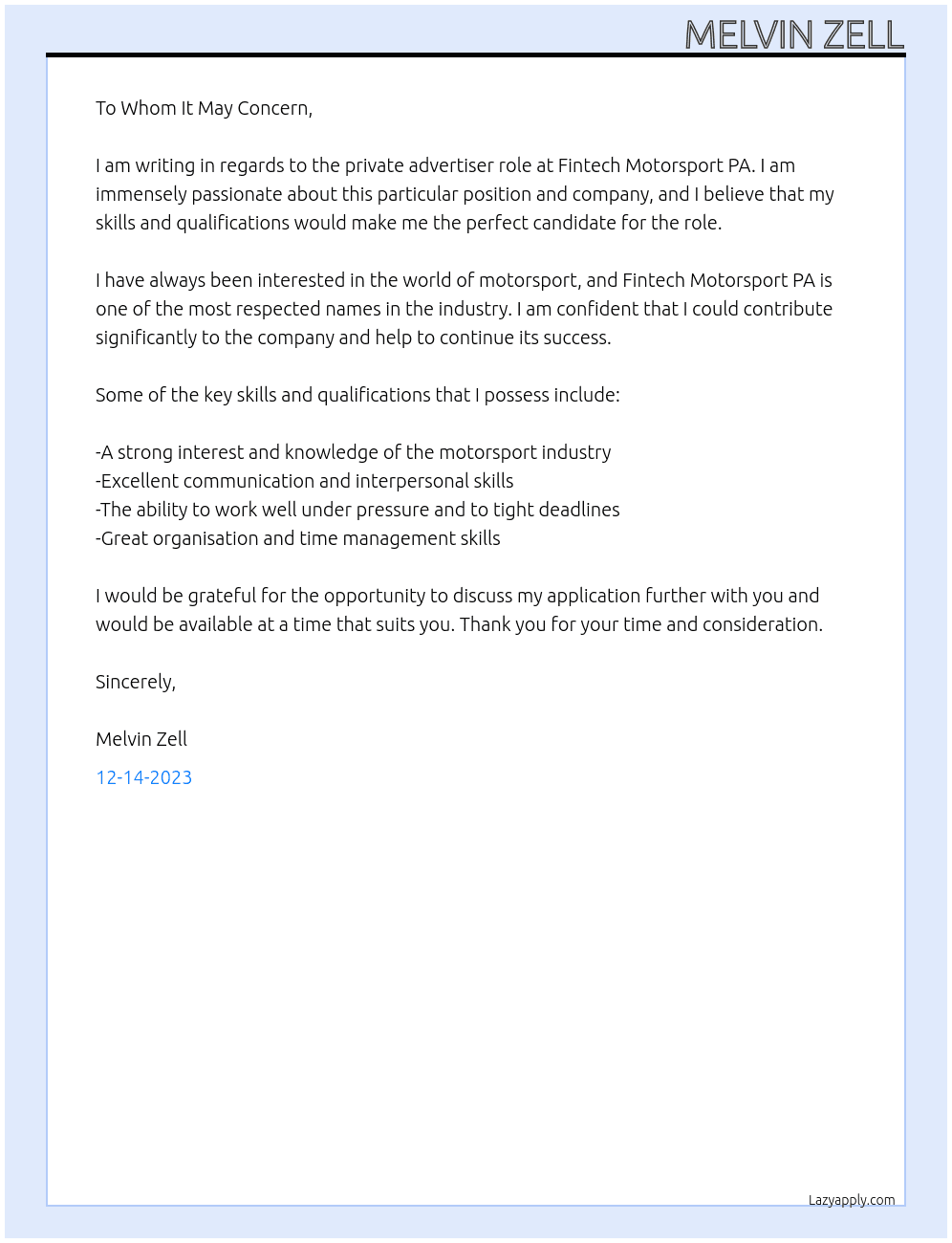 Private Advertiser At Fintech Motorsport PA Cover Letter