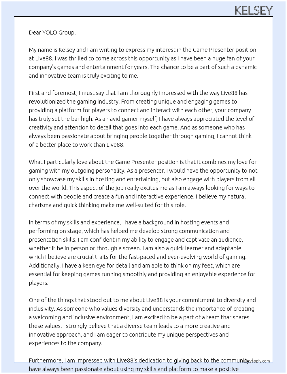 game presenter At live88 Cover Letter