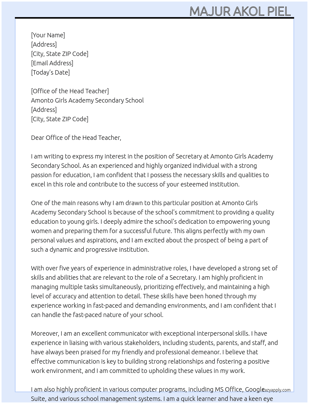 Secretary  At Amonto Girls Academy Secondary School  Cover Letter
