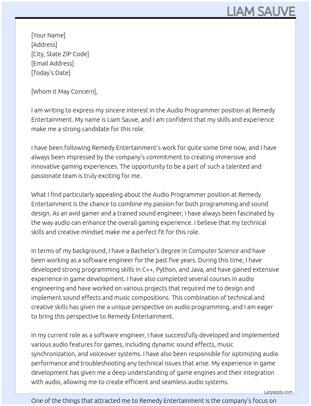 Audio programmer At Remedy Entertainment Cover Letter