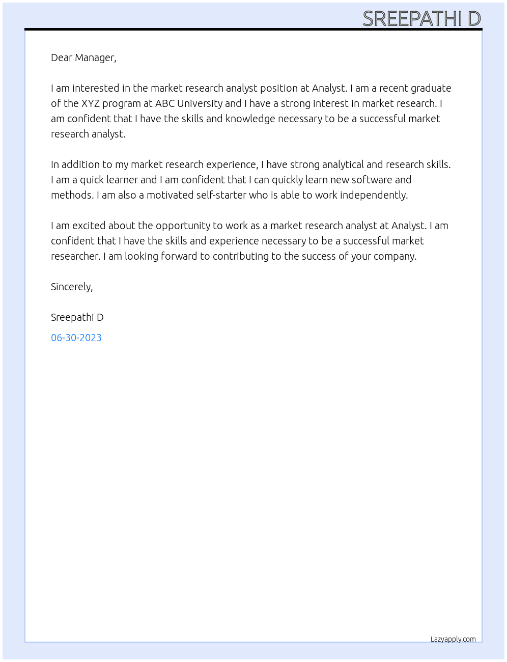 Market research analyst At Analyst  Cover Letter