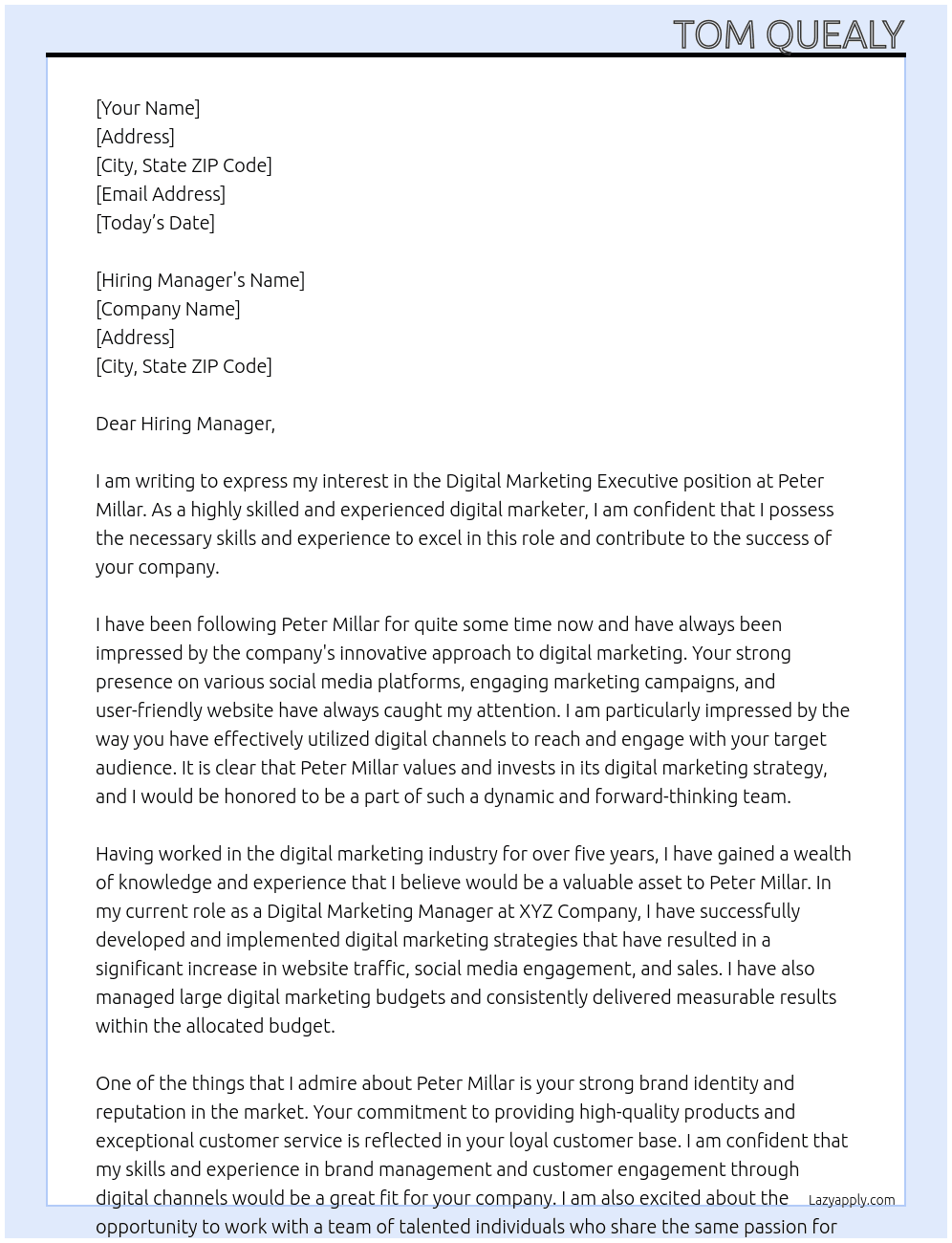 Digital Marketing Executive At Peter Millar Cover Letter