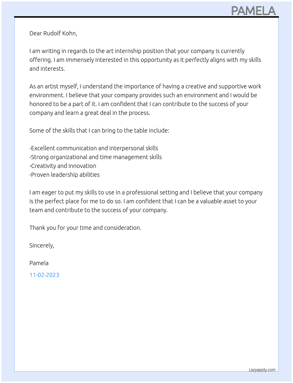 Art Intership At Rudolf Kohn  Cover Letter