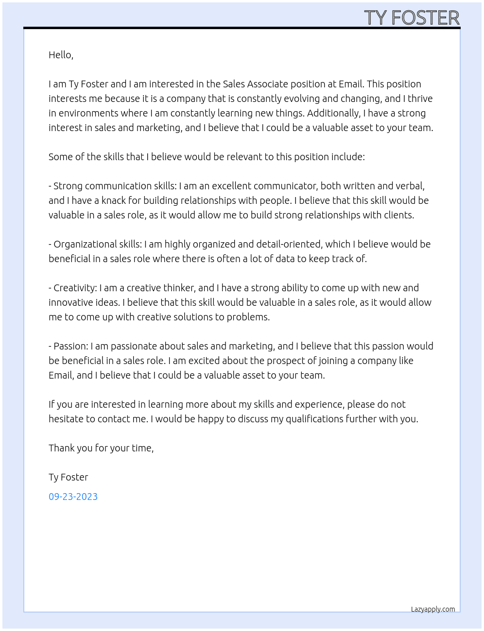 Sales associate  At Email Cover Letter