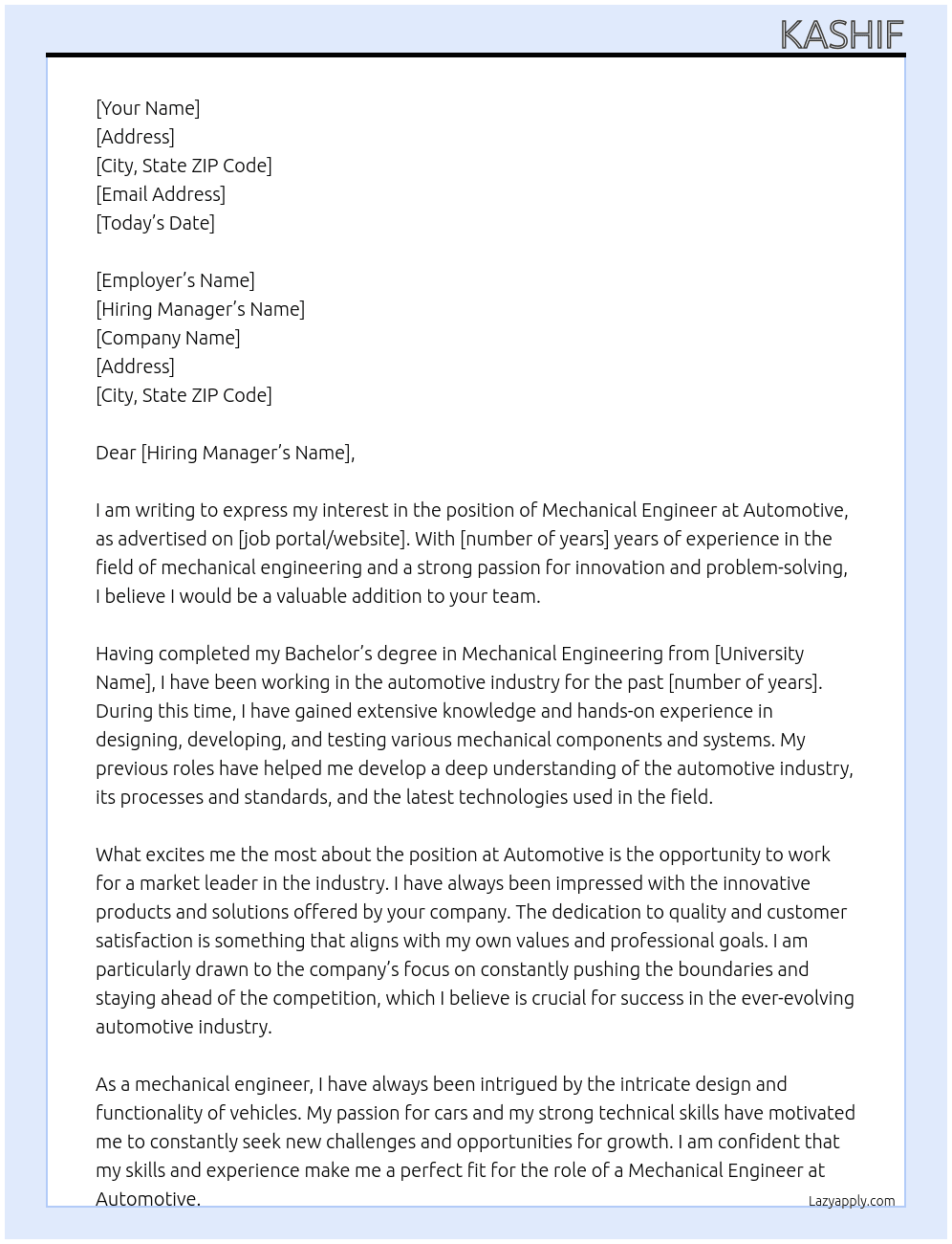 Mechanical engineer  At Automotive  Cover Letter