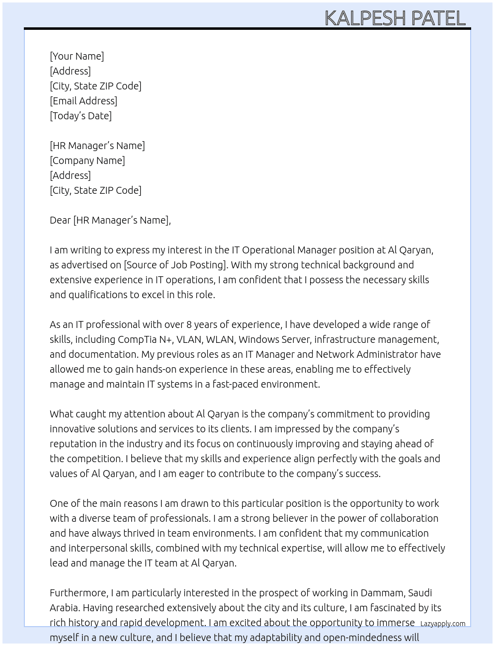 IT Operational Manager  At Al Qaryan  Cover Letter