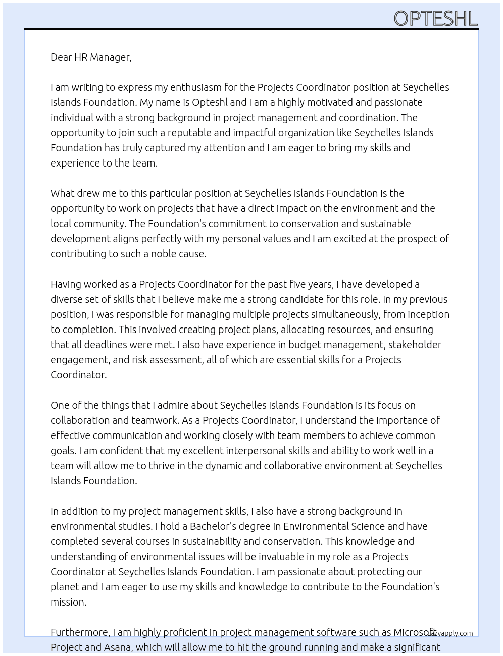 Projects Coordinator At Seychelles Islands Foundation Cover Letter