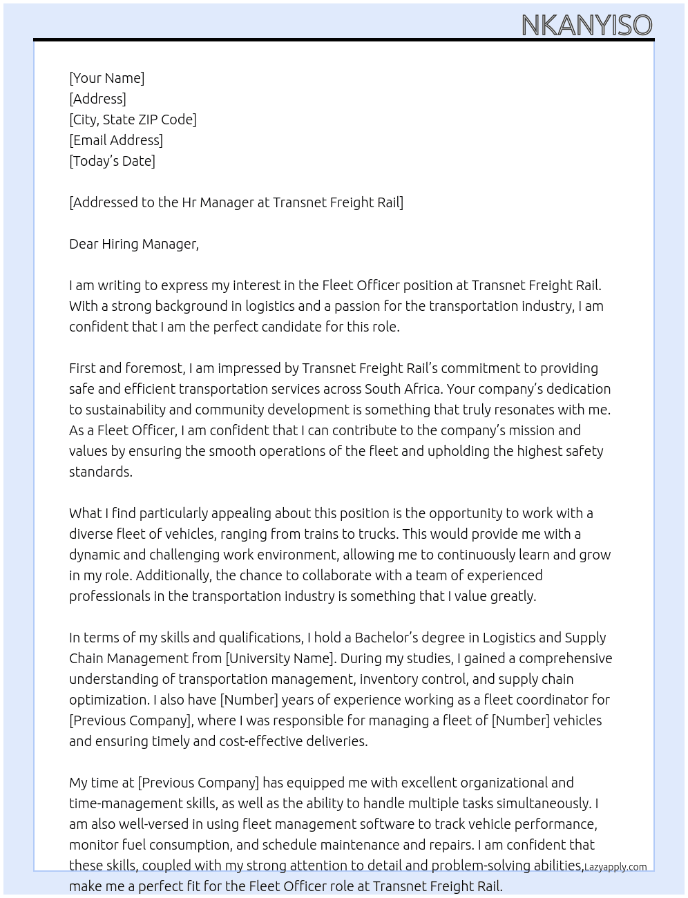 FLEET OFFICER At Transnet Freight Rail Cover Letter