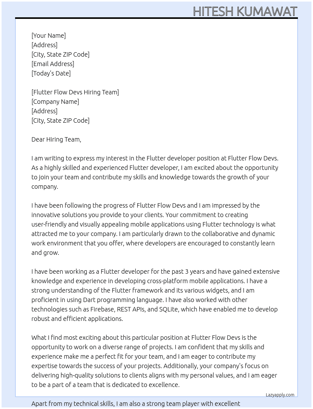 Flutter developer At Flutter flow devs Cover Letter