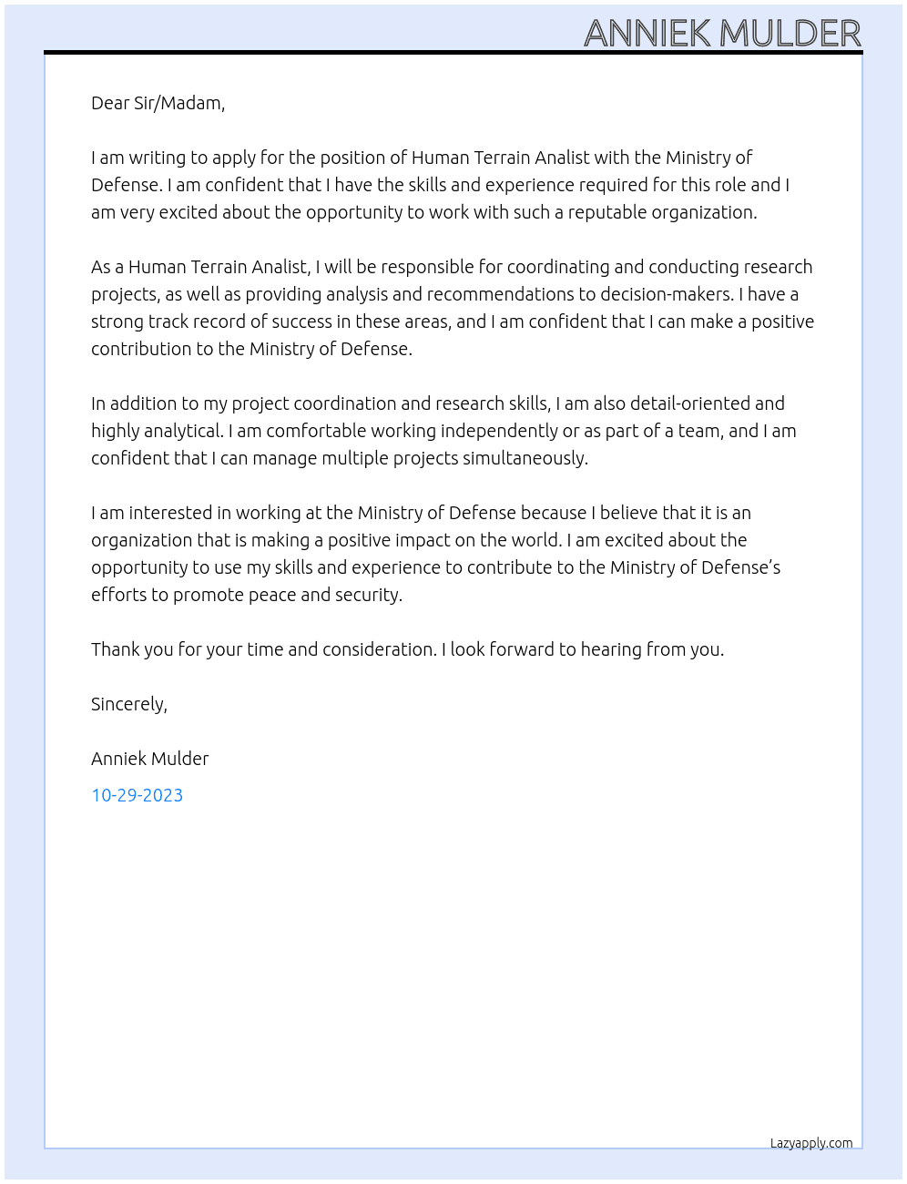 Human Terrain Analist At Ministry of Defense Cover Letter