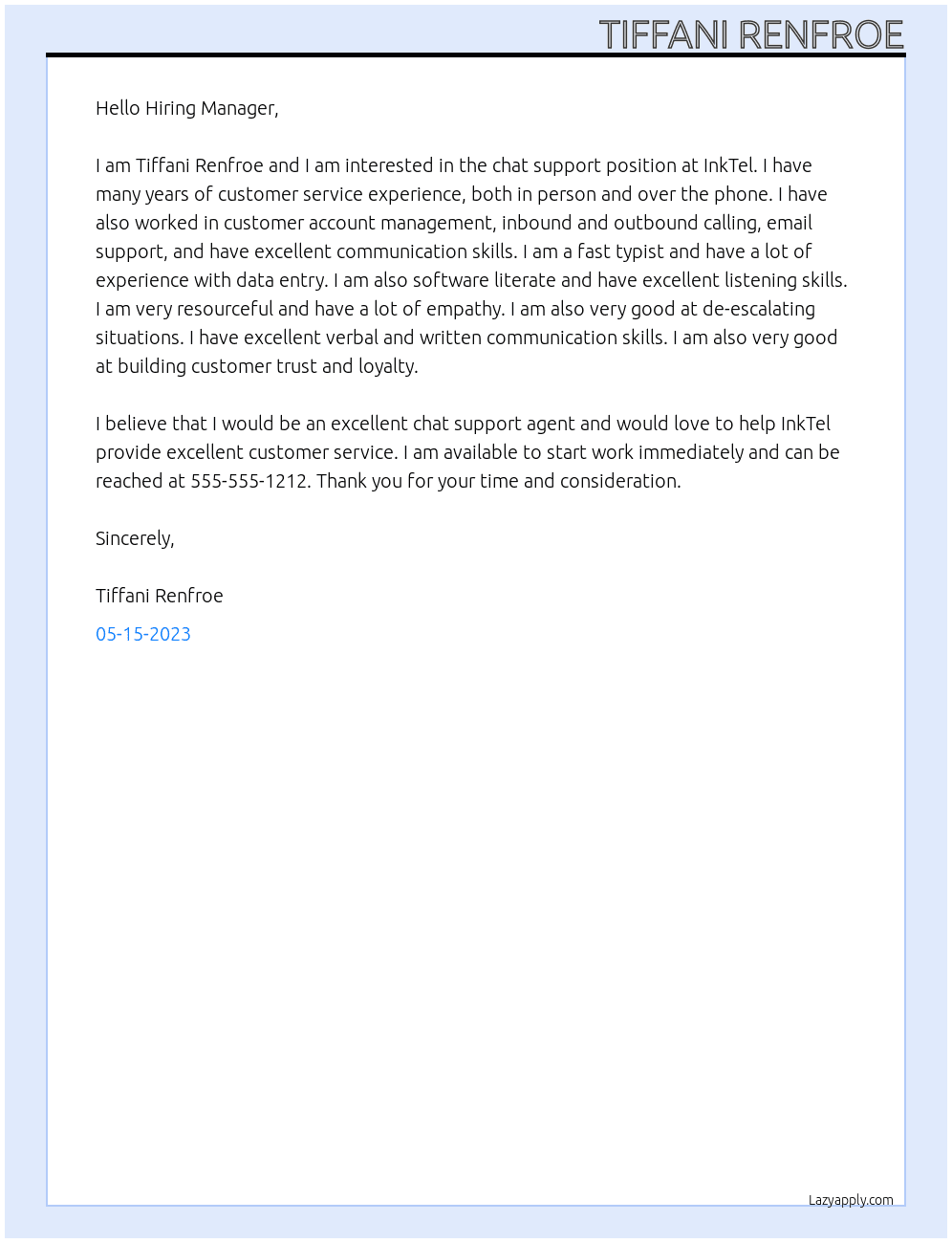 chat support At InkTel Cover Letter