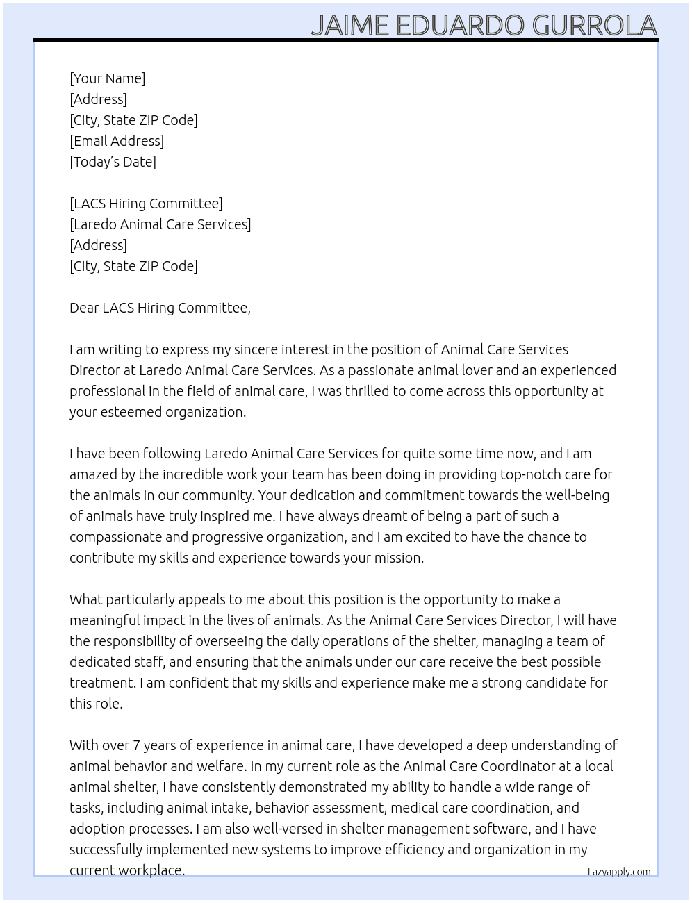 Animal Care Services Director At Laredo Animal Care Services Cover Letter