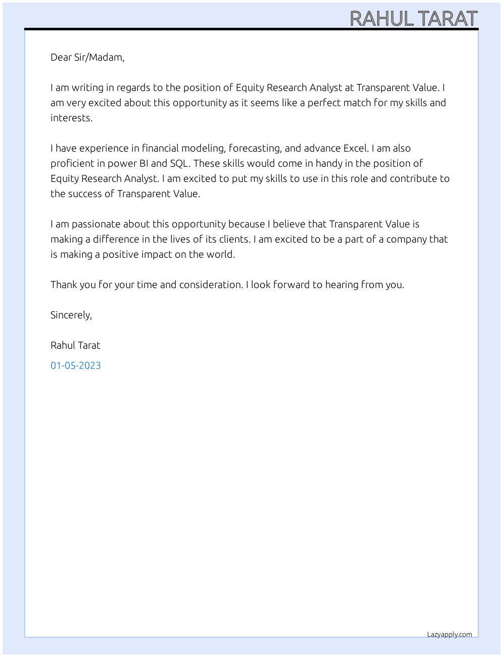 Equity Research Analyst  At Transparent Value  Cover Letter
