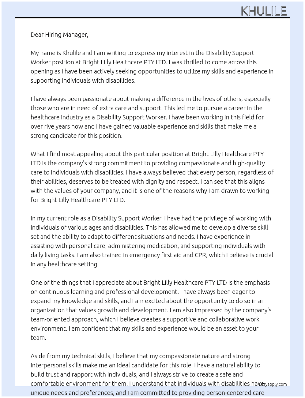 Disability Suppport Worker At Bright Lilly Healthcare PTY LTD Cover Letter