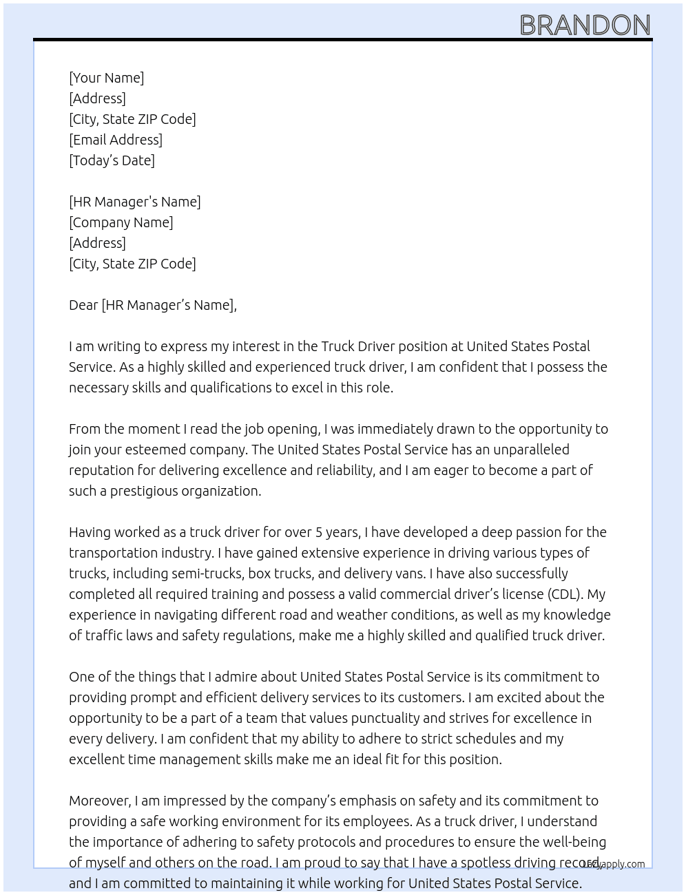 Truck Driver At United states postal service Cover Letter
