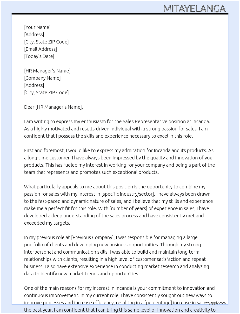 Sales representative  At Incanda Cover Letter