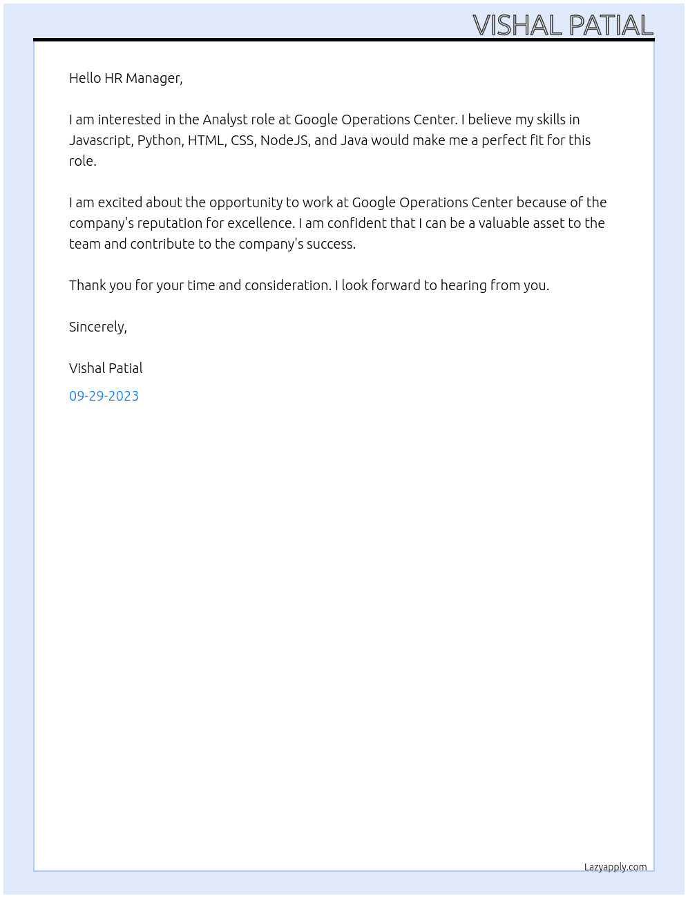 Analyst At Google  Operations Center Cover Letter