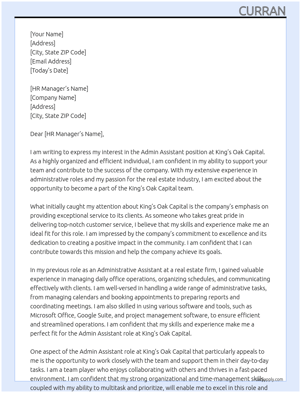 Admin Assistant for an Estate Management Company At King's Oak Capital Cover Letter
