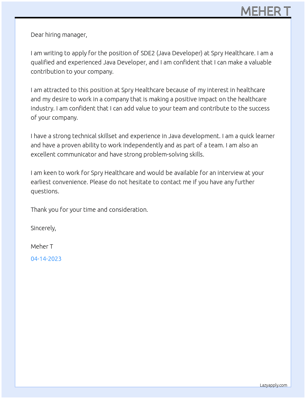  SDE2 (Java Developer) At Spry Healthcare Cover Letter