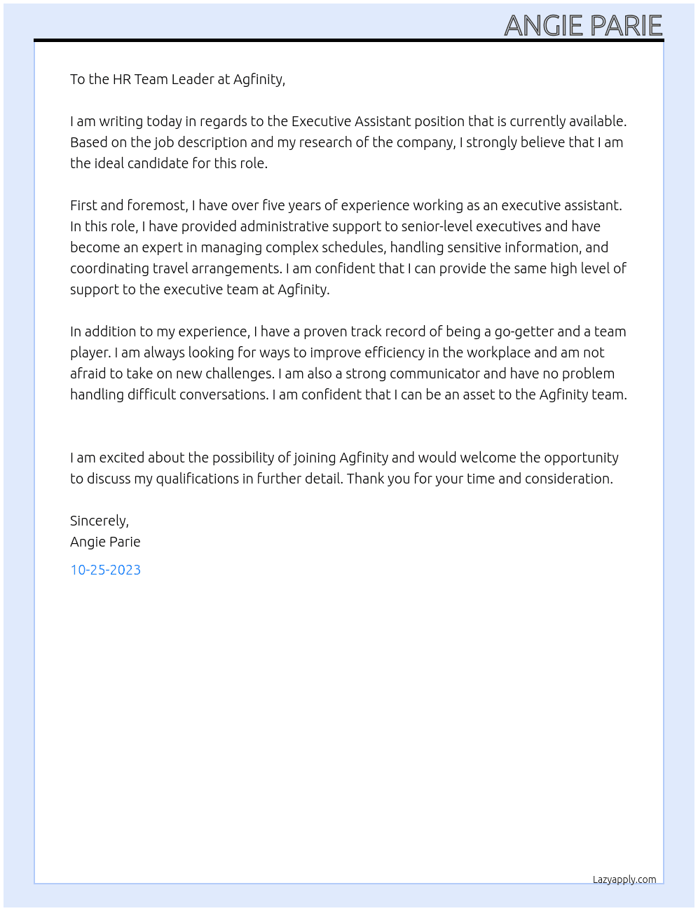 Executive Assistant At Agfinity Cover Letter