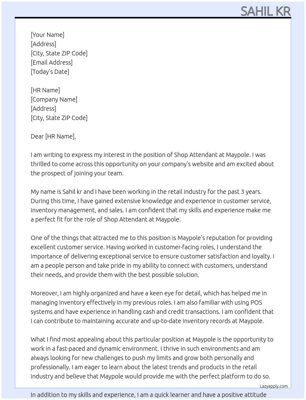 Shope Attendant At Maypole Cover Letter