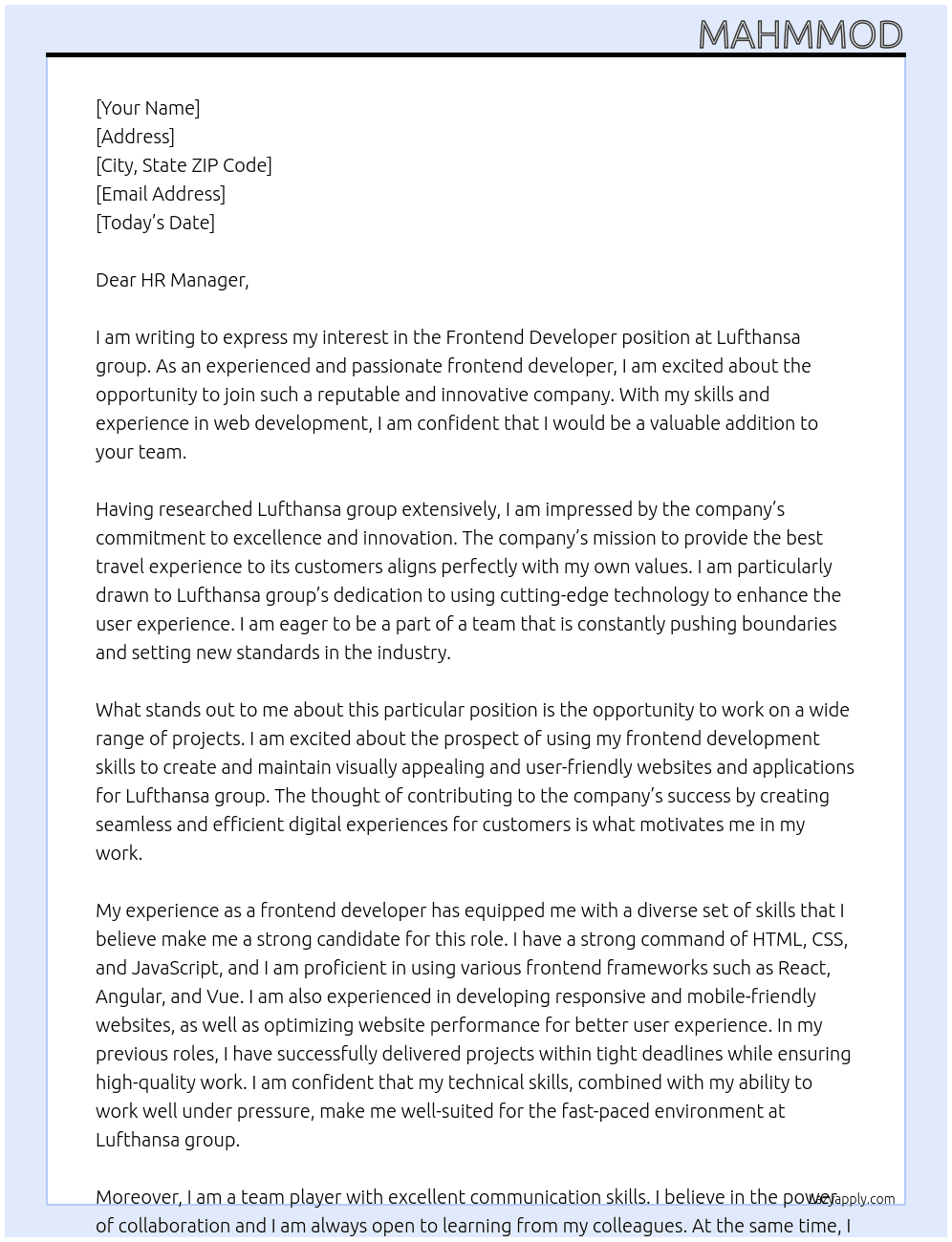 frontend developer At Lufthansa group Cover Letter