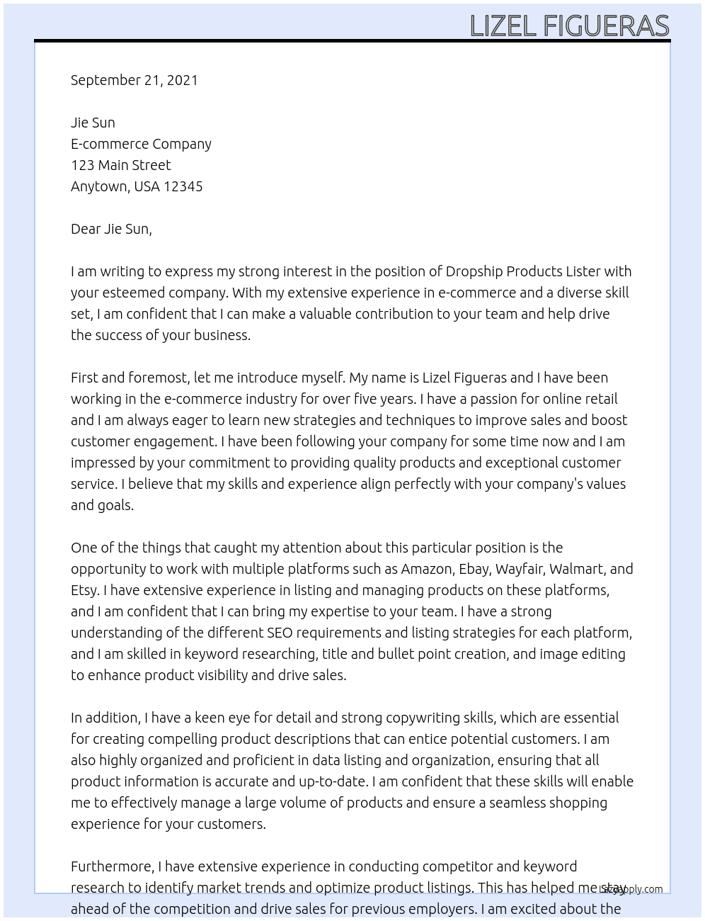 Dropship Products Lister (Amazon, Ebay, Wayfair, Walmart, ETSY At E-commerce  Cover Letter