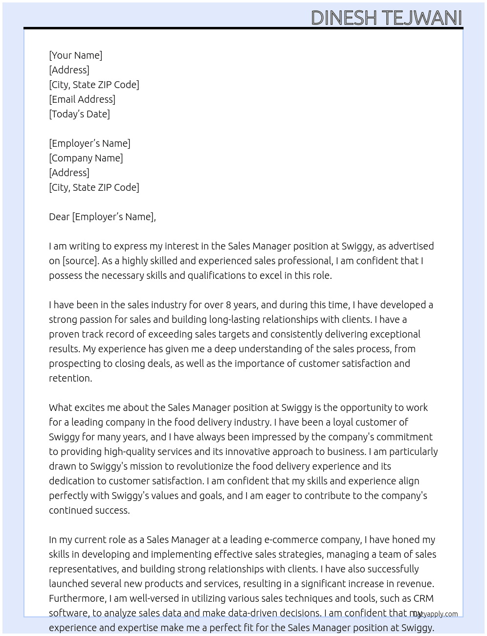sales manager At swiggy Cover Letter