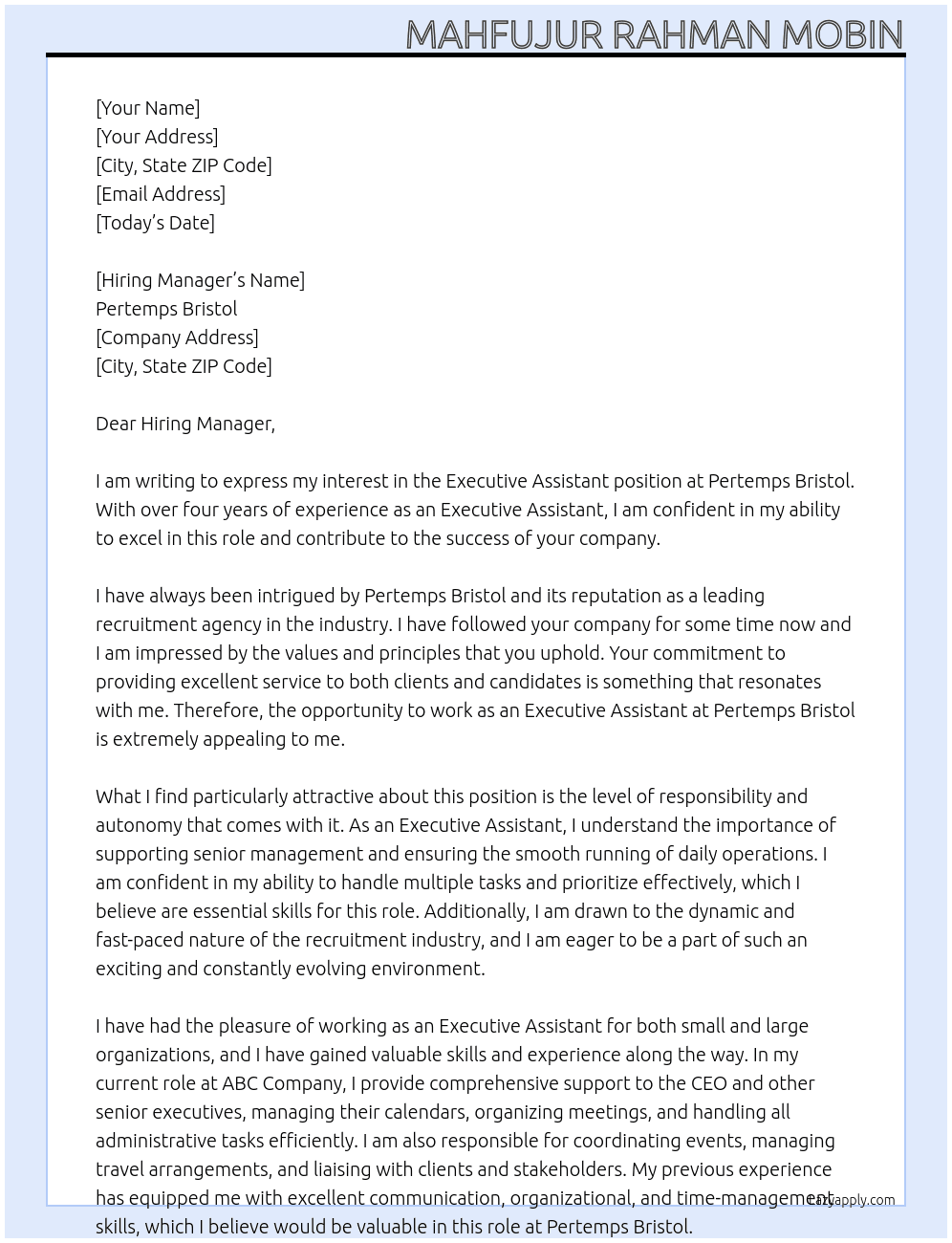 Executive Assistant At Pertemps Bristol Cover Letter