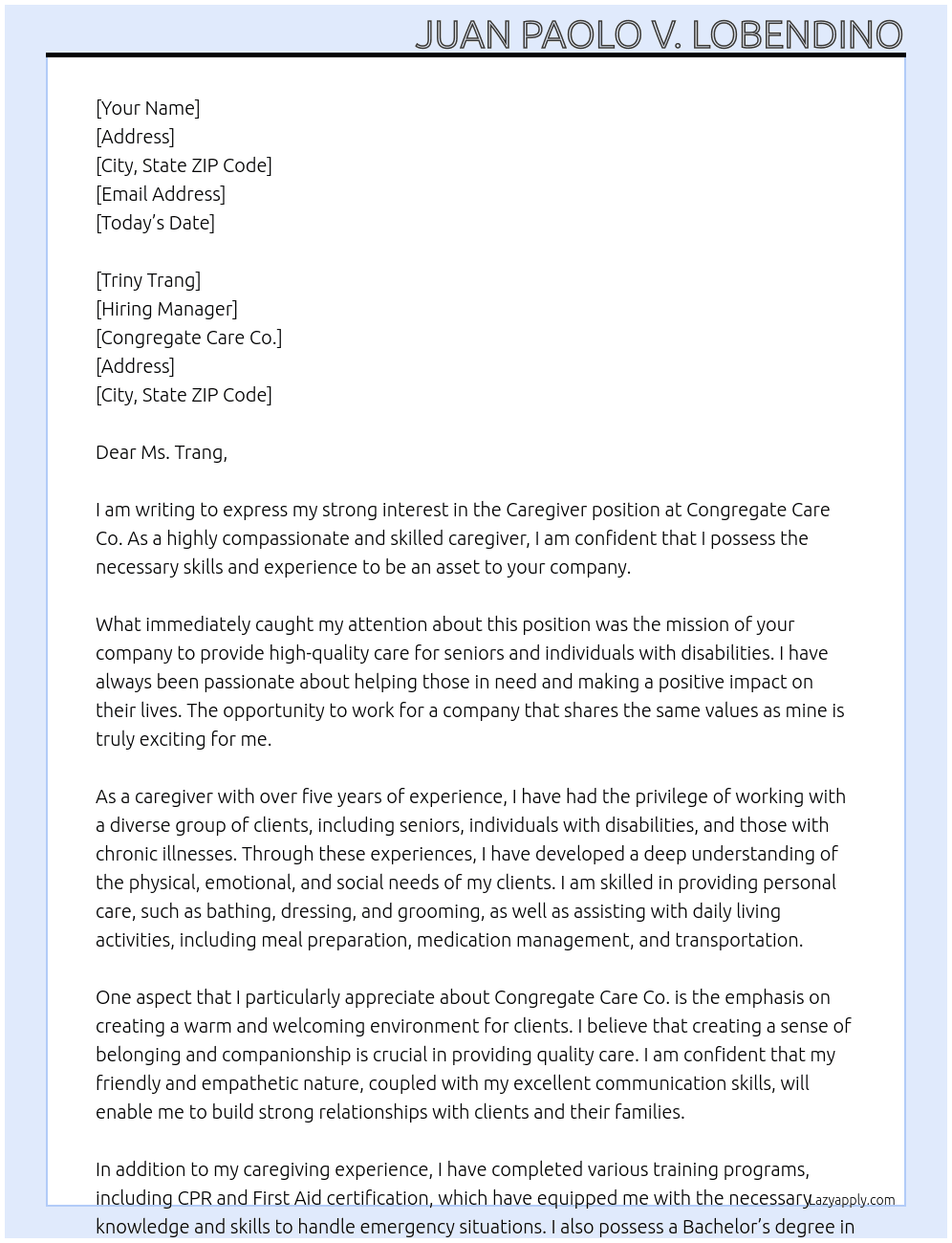 caregiver At Congregate Care Co. Cover Letter