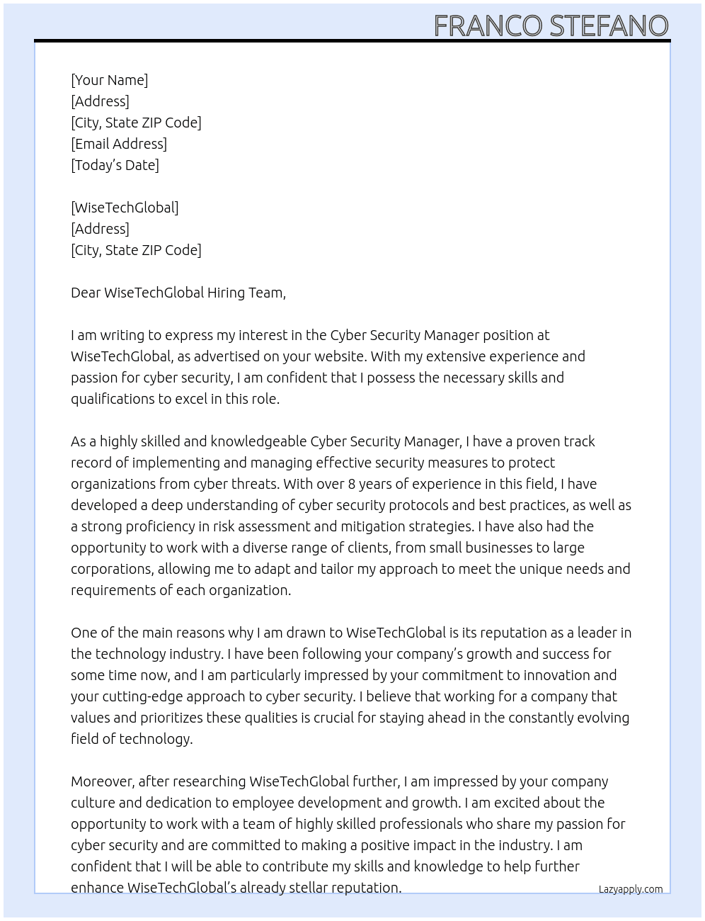 Cyber Security Manager At wisetechglobal Cover Letter