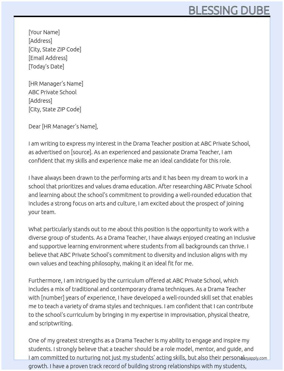Drama Teacher  At ABC PRIVATE SCHOOL Cover Letter