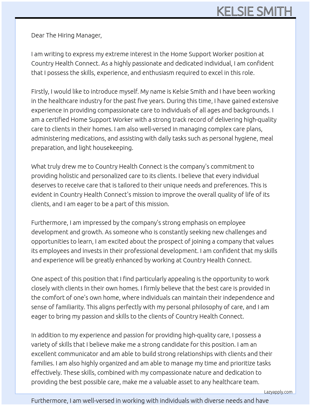 Home Support Worker  At Country Health Connect  Cover Letter
