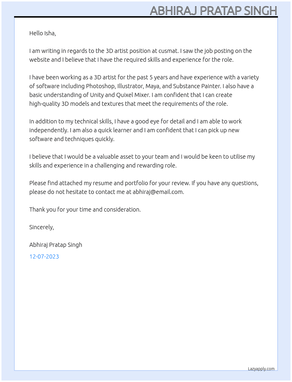 3D artist At cusmat Cover Letter