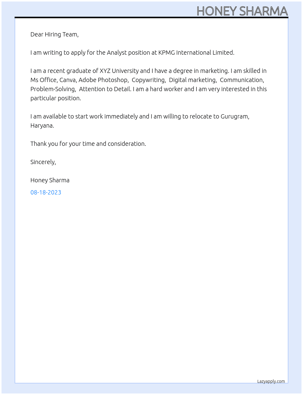 Analyst At KPMG International Limited Cover Letter