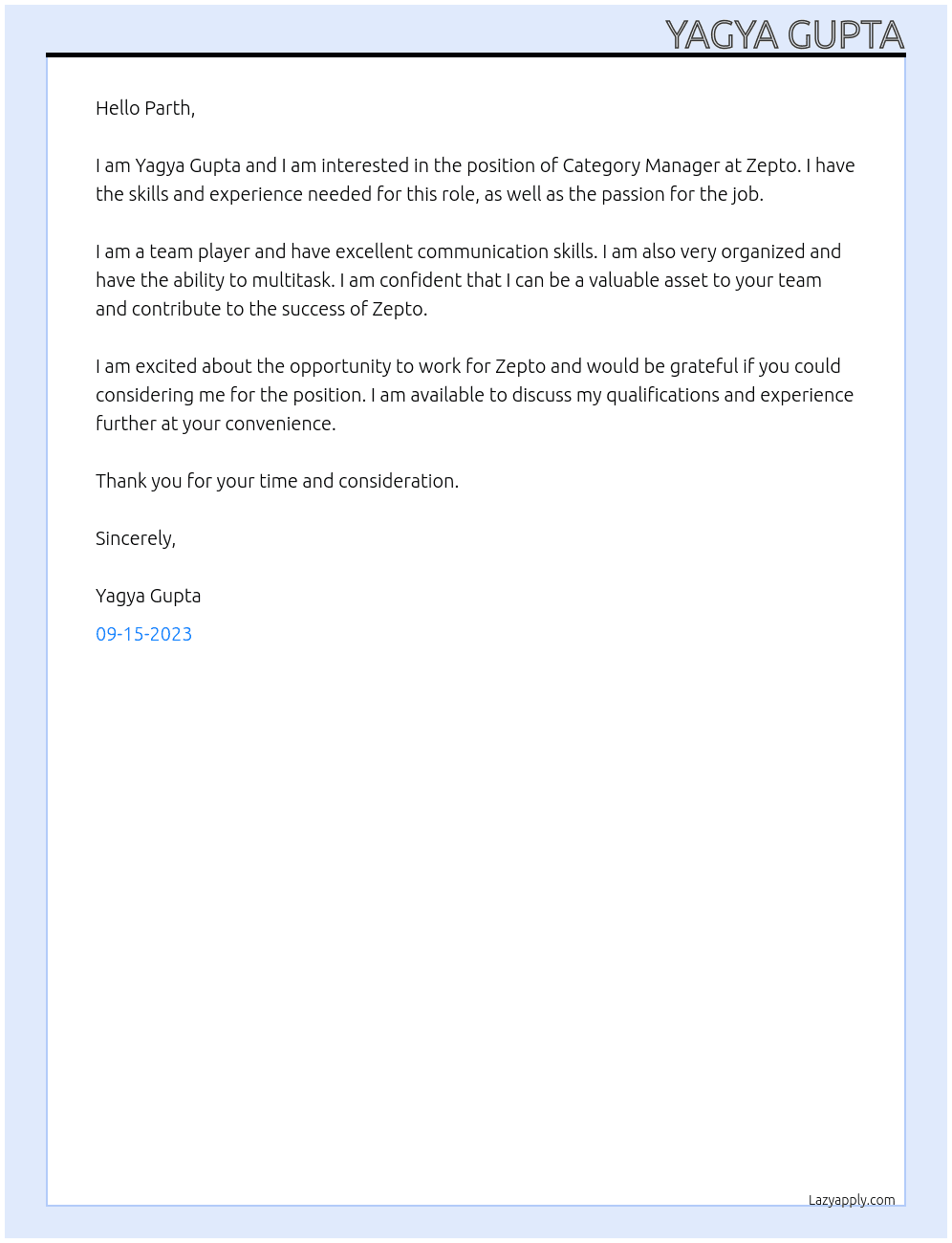 Category manager At Zepto Cover Letter