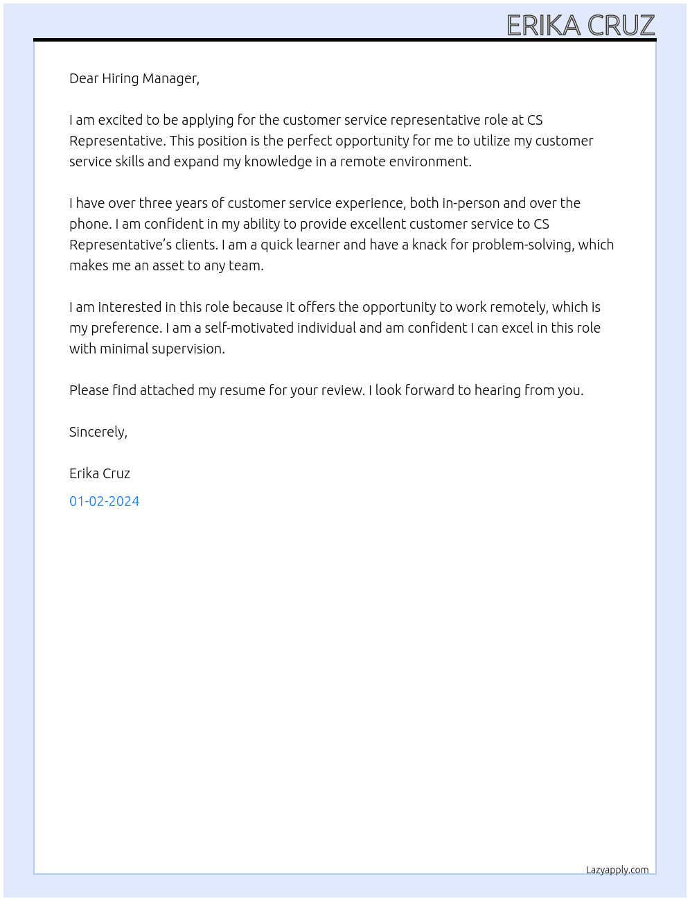 Customer Service  At CS Representative  Cover Letter