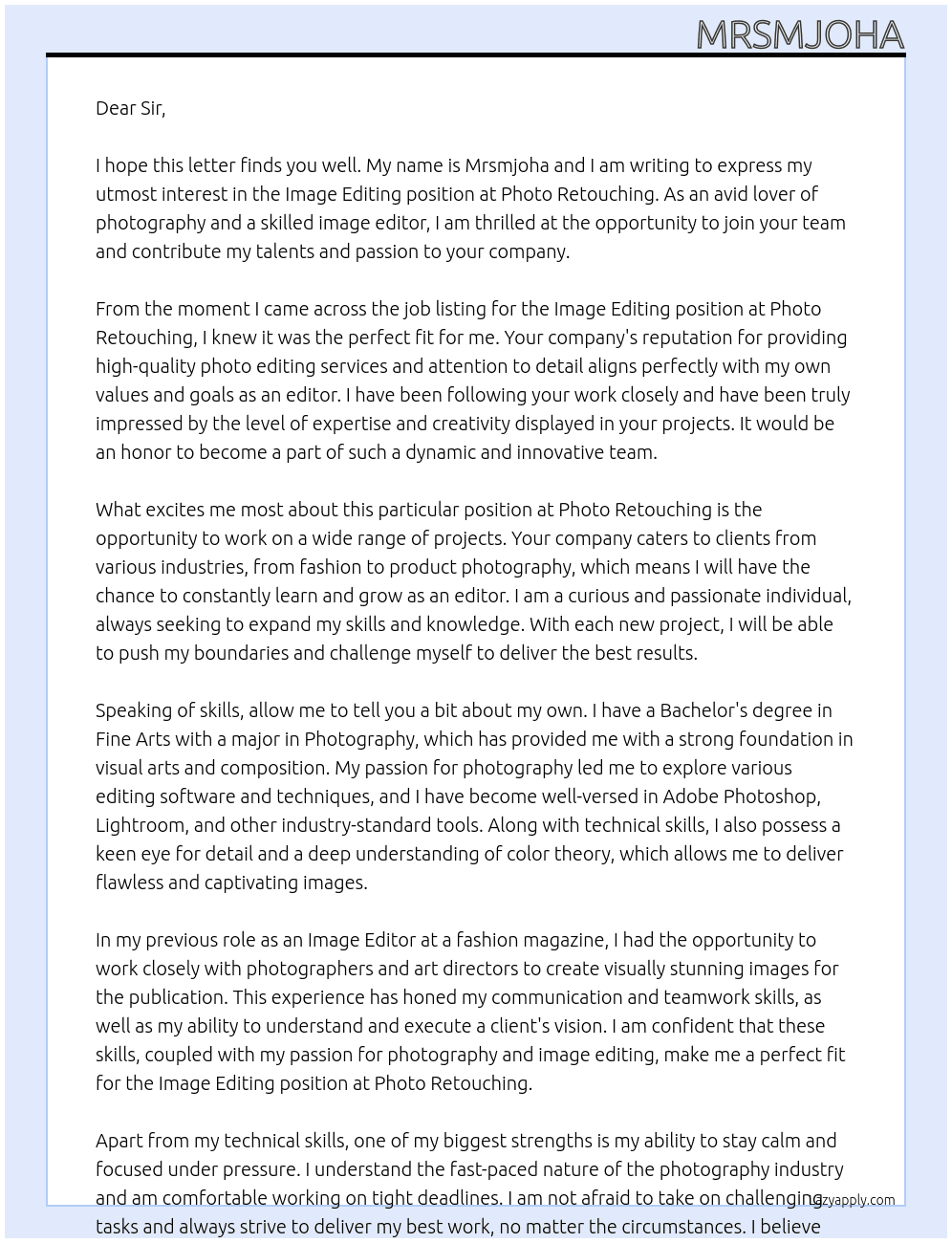 Image editing At photo retouching Cover Letter