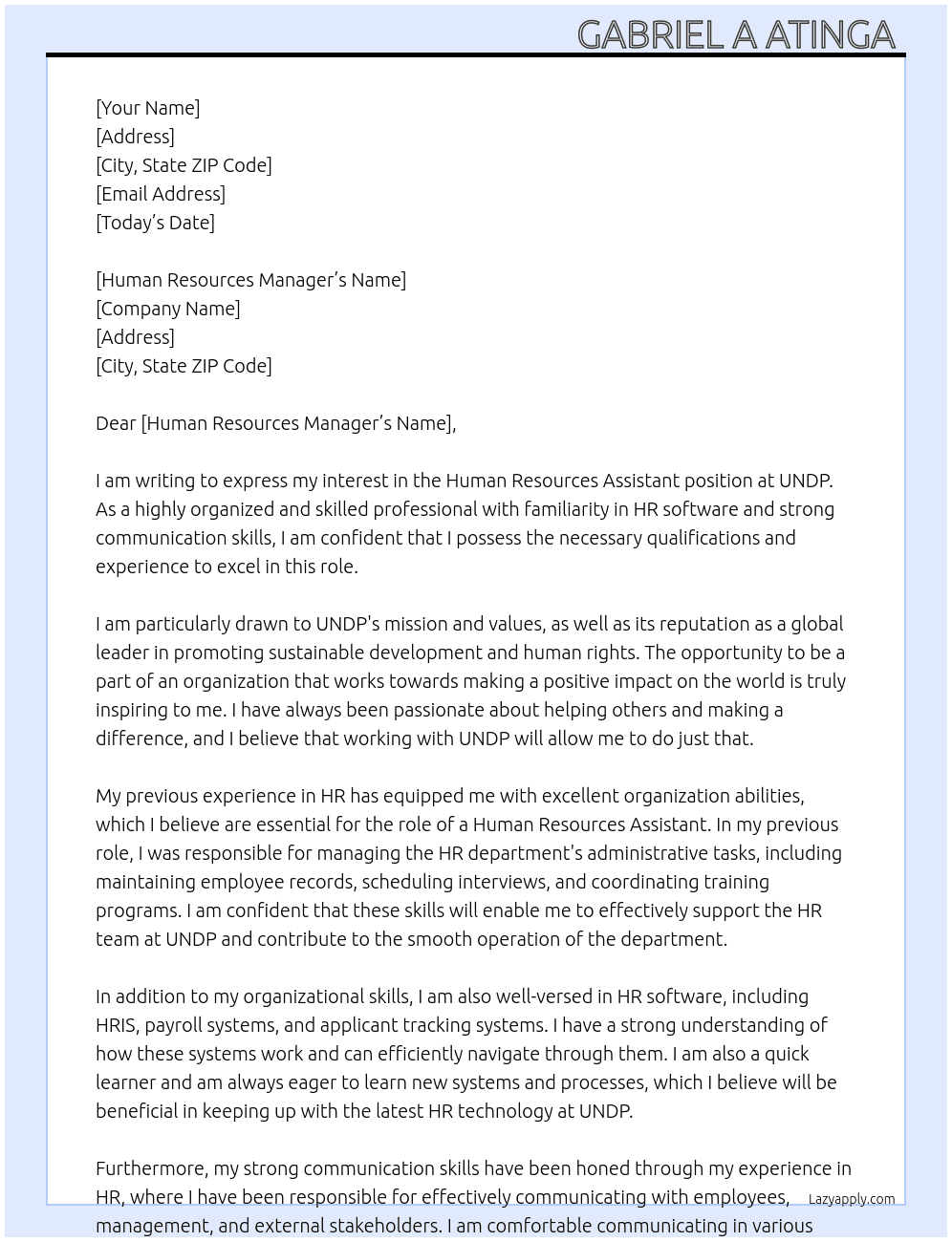 Human resources assistant  At UNDP  Cover Letter