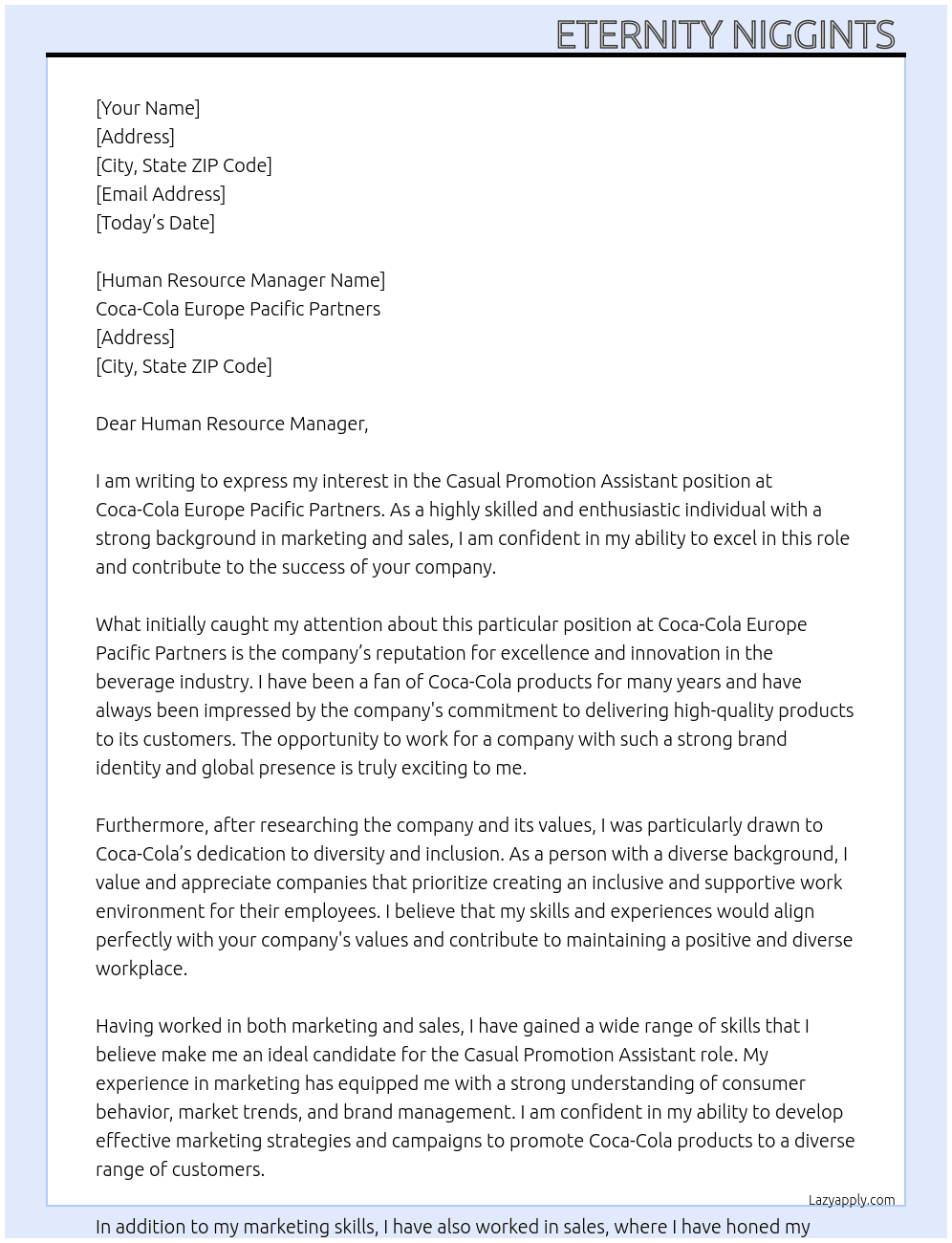 Casual promotion Assistant  At Coca-Cola Europe Pacific Partners  Cover Letter