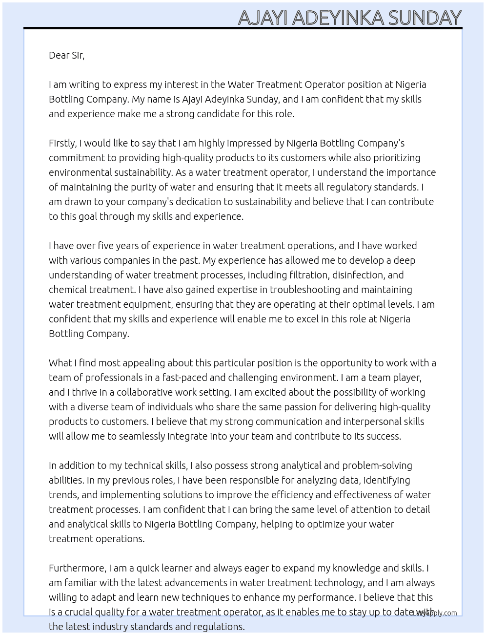 Water treatment operator At Nigeria Bottling company Cover Letter